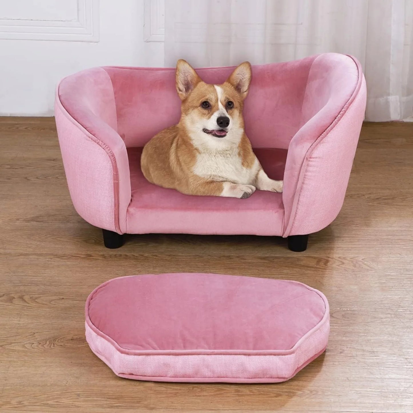 US Pet Sofa Bed, Velvet Couch with Washable Cushion for Small Dog Cat (Pink)