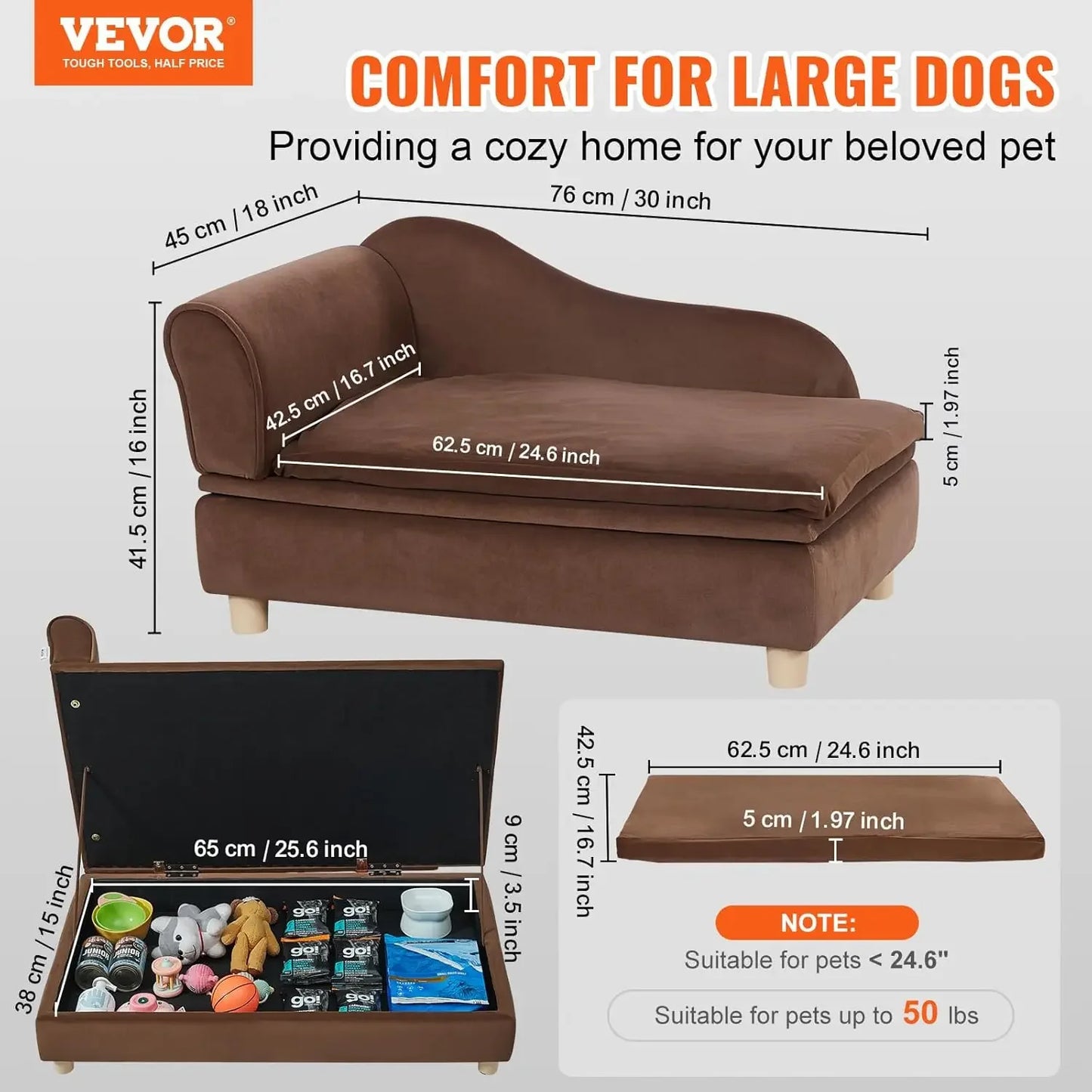 Pet Sofa, Dog Couch for Medium-Sized Dogs and Cats, Soft Velvety Dog Sofa Bed, 60 lbs Loading Cat Sofa, Dark Brown