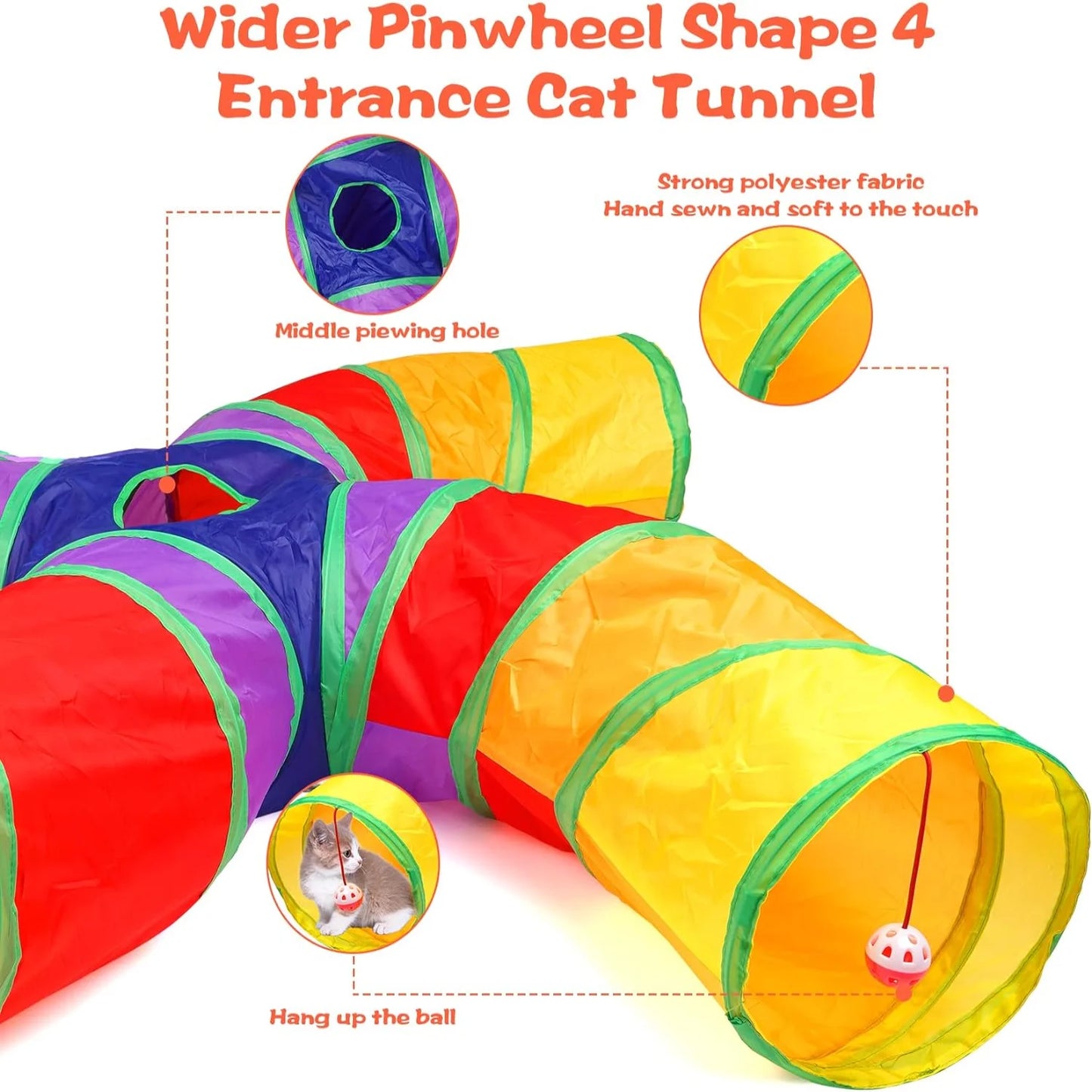 Enticing Collapsible Cat Tunnel Set with 4 Entrances - Rainbow Pinwheel Shape - Includes 11 Catnip Toys - Interactive Indoor Pla