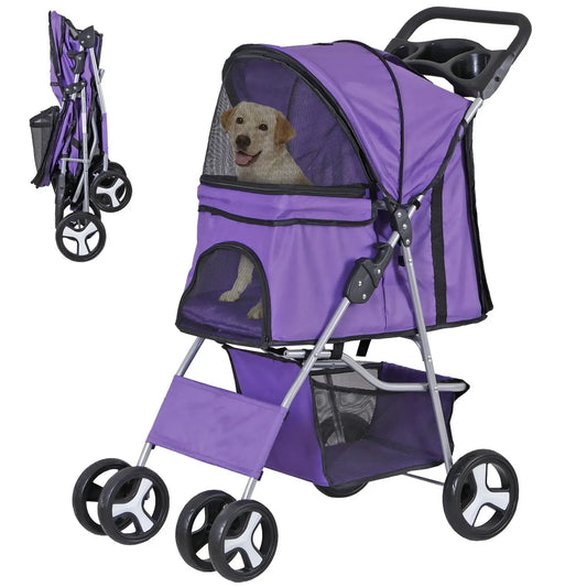 Pet Stroller for Dogs & Cats w/ 4 Wheels Pet Travel Carrier Dog Stroller Purple