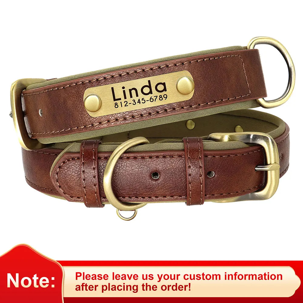 Customized Leather ID Nameplate Dog Collar Soft Padded Dogs Collars Free Engraving Name