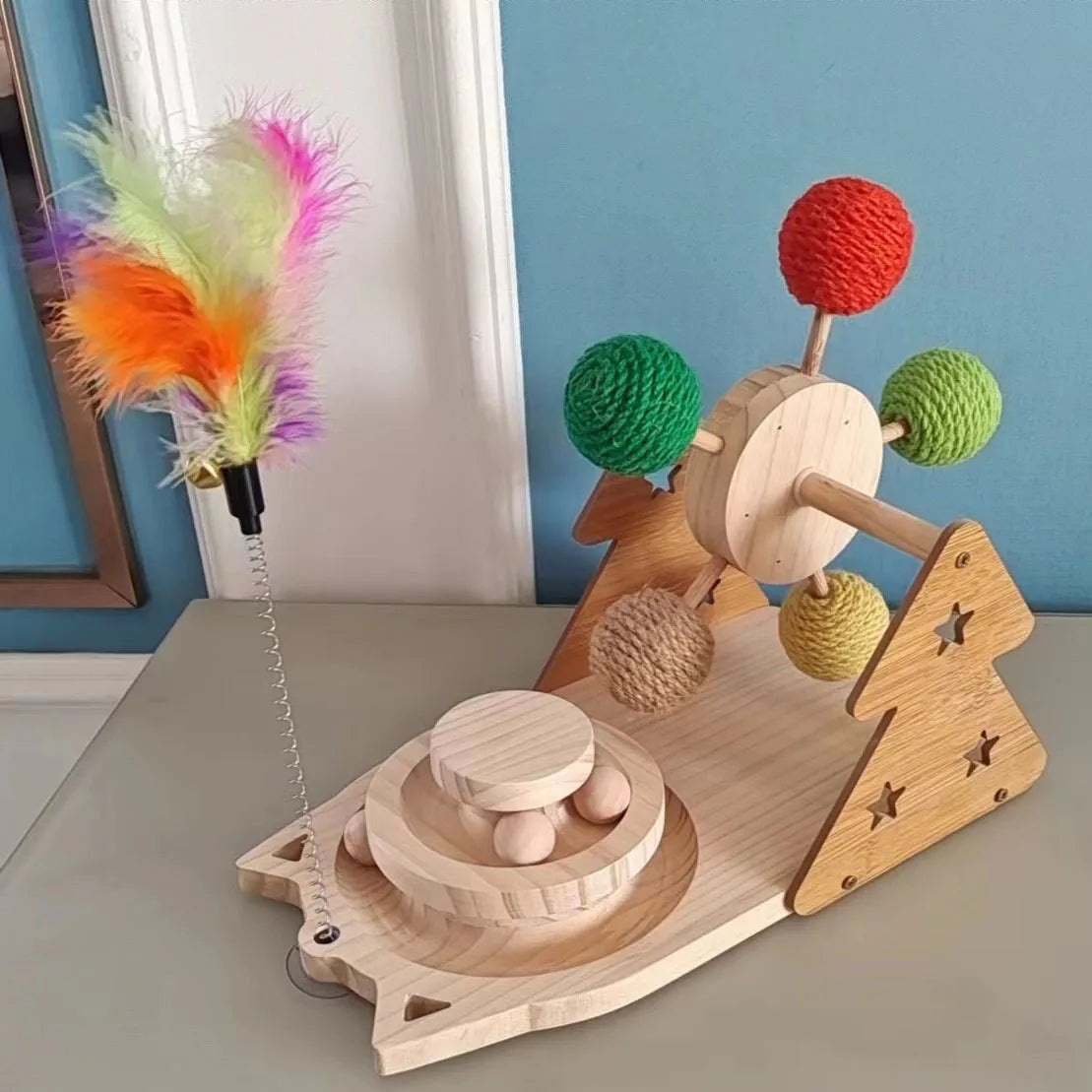 3-in-1 Multi-Functional Interactive Cat Toy Set - Interactive Ferris Wheel Sisal Ball, Cat Teaser Wand, And Solid Wood Cat