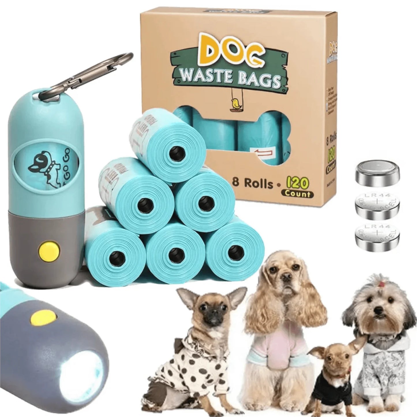 8 Rolls Dog Poop Bag Holder with Built-in LED Flashlight, Dog Poop Bag Dispenser