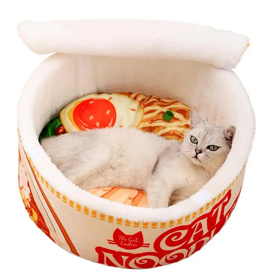 Ramen Noodle Shape Fleece-Lined Pet Bed Warm Breathable Detachable Round Cat Nest F-lip Cover Semi-enclosed Cat Bed