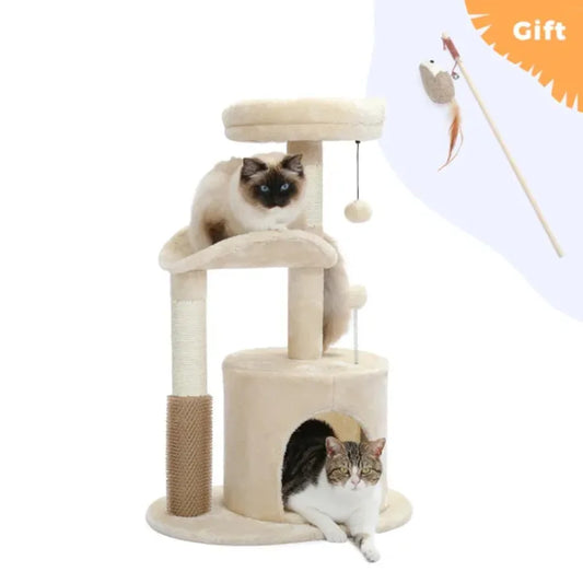 Small Cat Tree for Indoor Cats Medium Cat Tower with Interactive Cat Toy 32.7" Cat Condo with Self Groomer Brush Natural Cat Sc