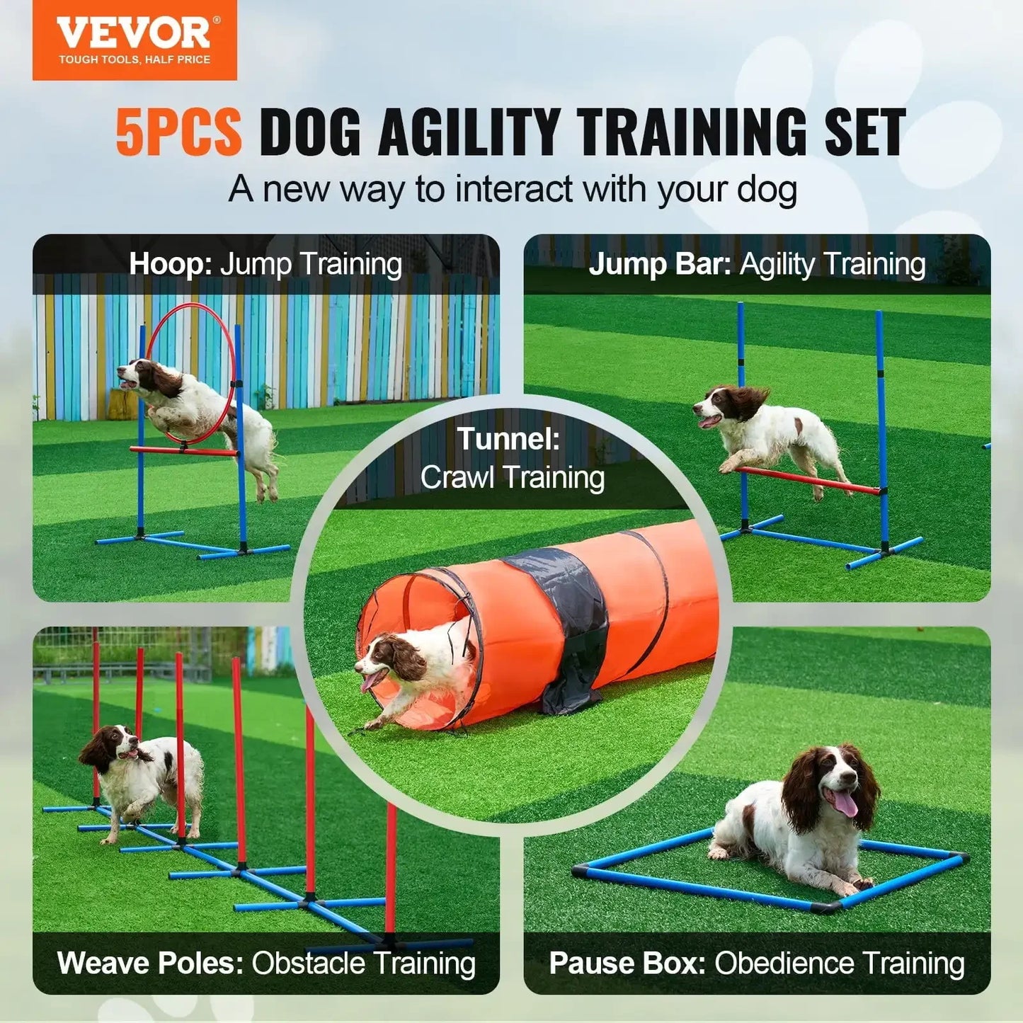 Dog Agility Training Equipment 5 PCS Set Upgrade w/ Hurdles Extended Tunnel