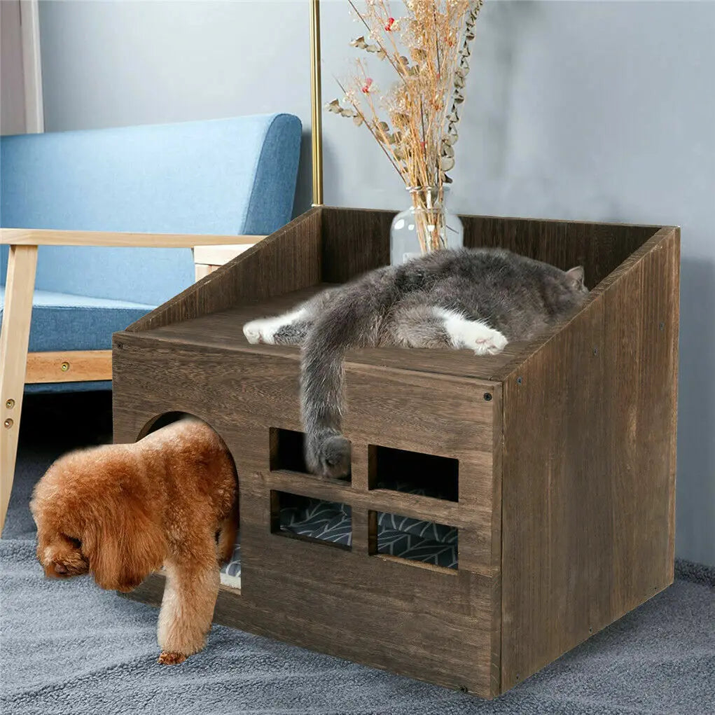 Solid Wooden Cat  Litter Box for Indoor Cat Bed Cave House Furniture with Comfortable Cushion Pad Kitten Sleep Lounge House