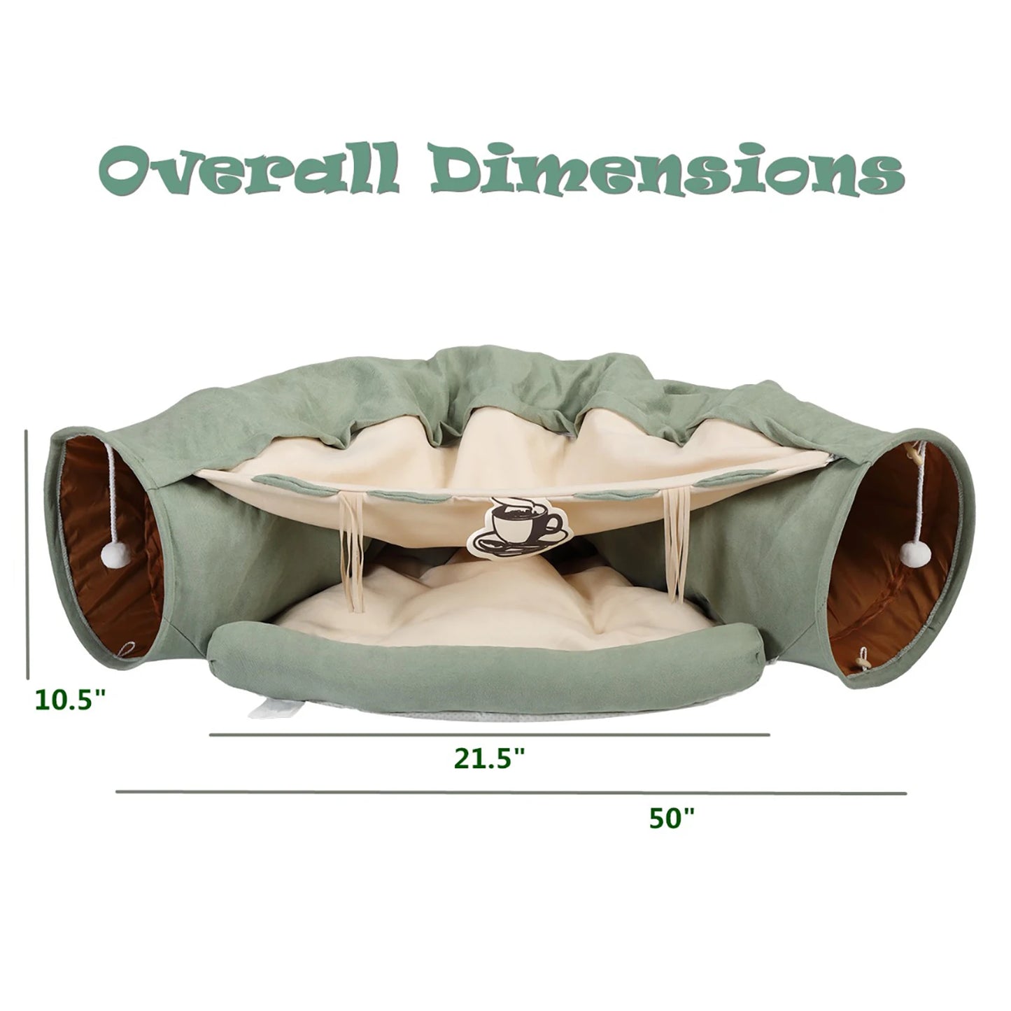 Cat’s Telescopic Tunnel Cushioned Bed Pet Nest Teasing Balls Zipper Connection Feline Supplies, Bright Green