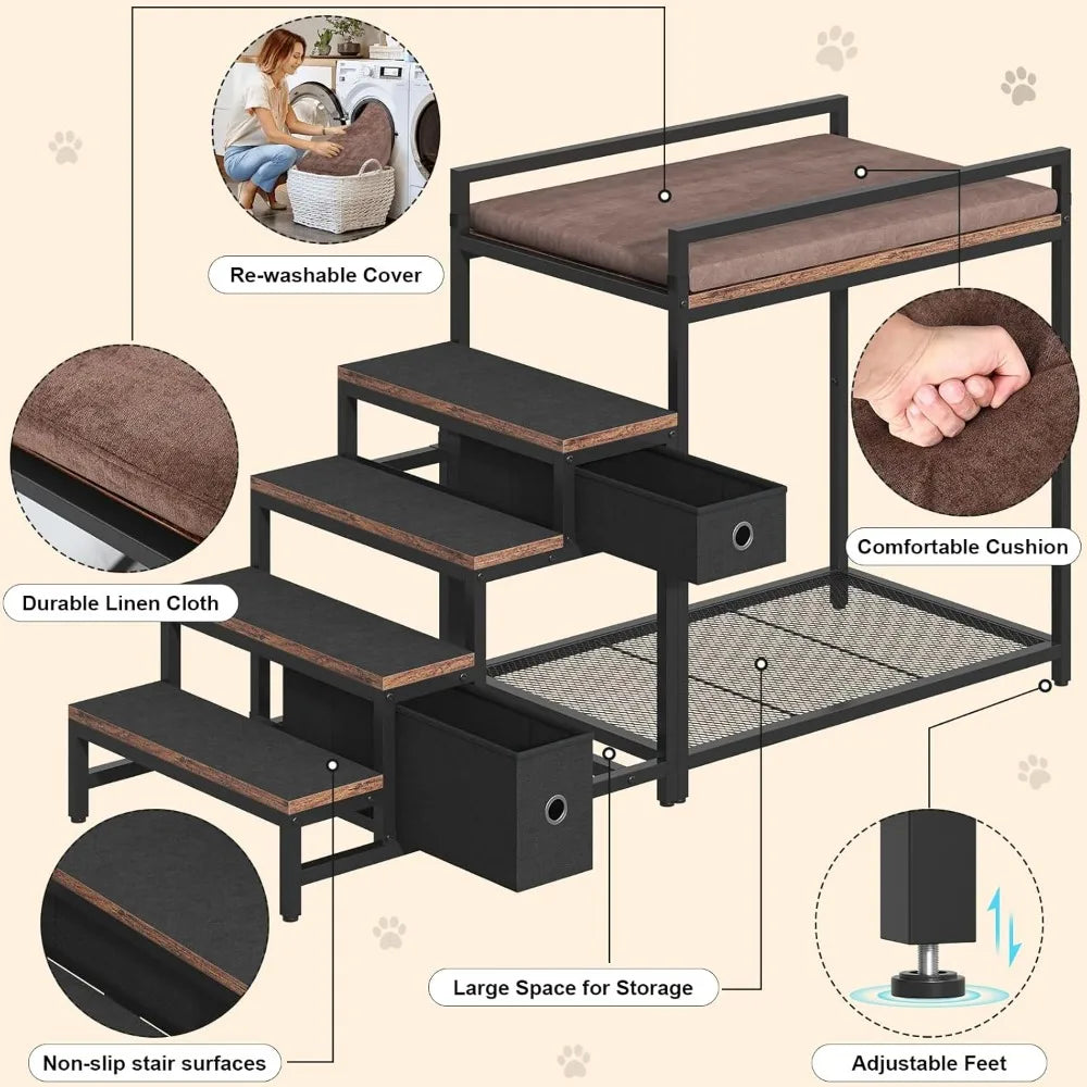 Pet Bunk Bed with Stairs and Storage, Dogs/Cats Window Perch, Bedside Lounge Elevated Dog Bed Multi-Level Platform with Foam Uph