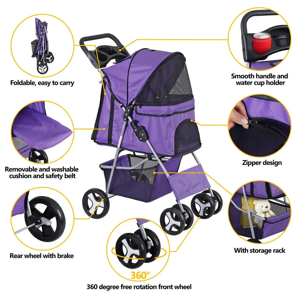 Pet Stroller for Dogs & Cats w/ 4 Wheels Pet Travel Carrier Dog Stroller Purple