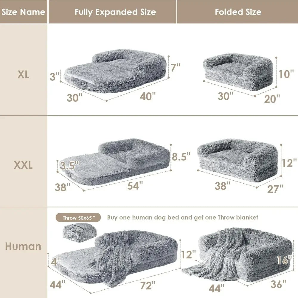 Foldable Human Dog Bed for Adult, Orthopedic Memory Foam Dog Bed, Waterproof Faux Fur Human Sized Dog Bed, 72x44x12 Inches