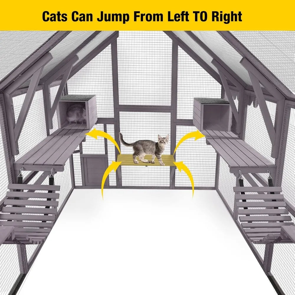 Cat Run Large Cat Enclosure Wooden Cat Catio Outdoor Kitty House with Bridges, Walks, Small Houses, Roof Cover 110 Inch