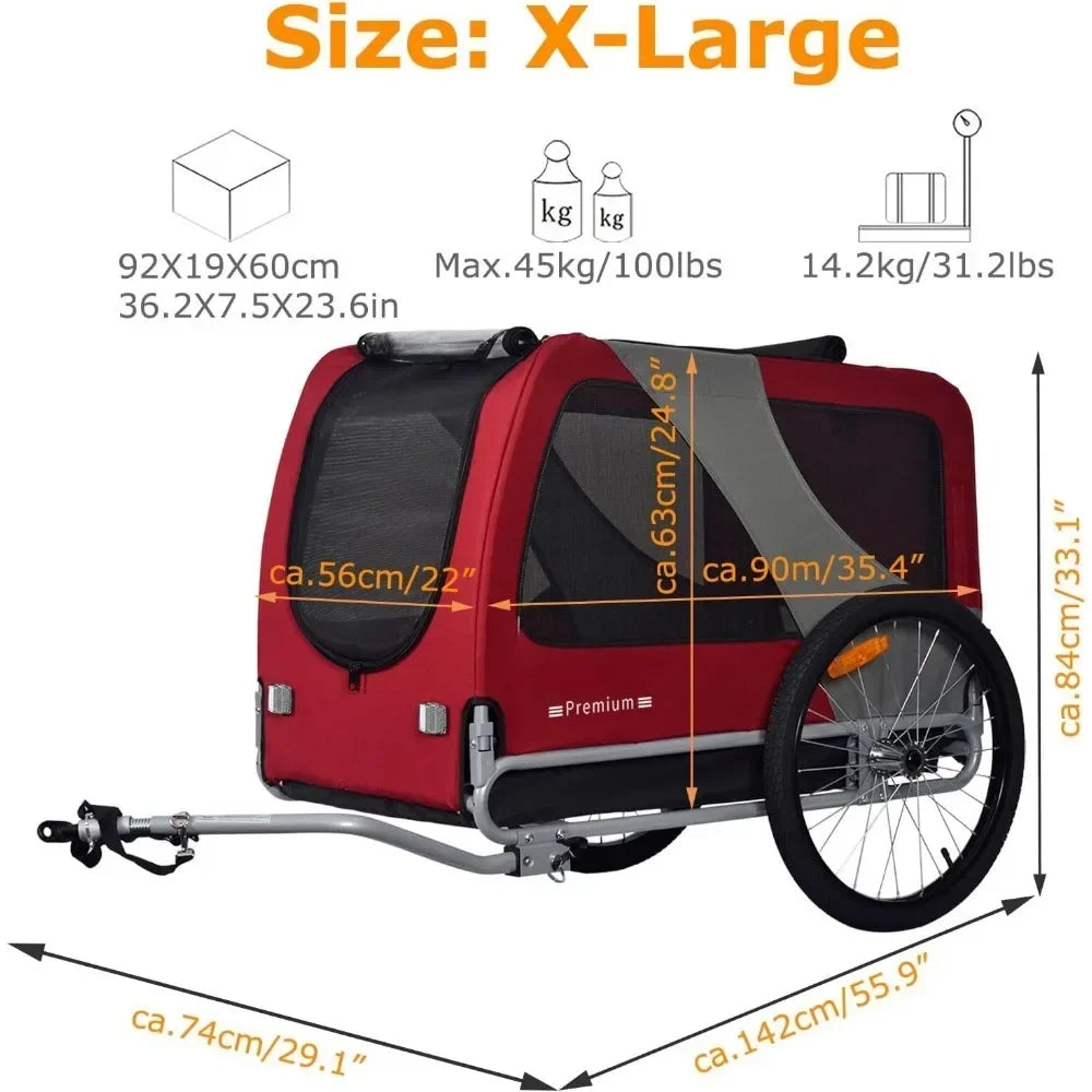 Premium XL Pet Bike Trailer  for Dogs，Up to 100 lbs,,Dog Bicycle Carrier， Low - Gravity & Easy - Fold Frame