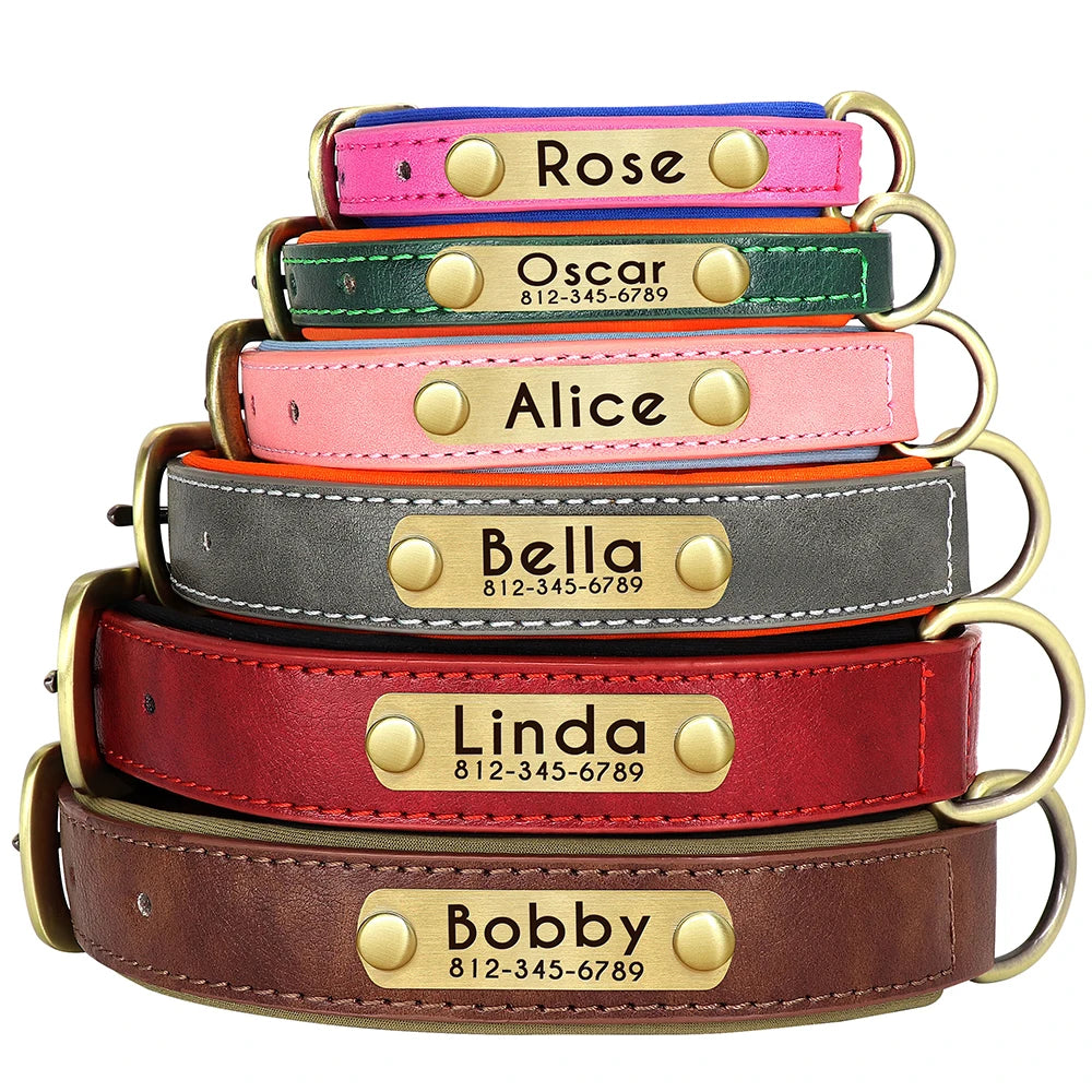 Customized Leather ID Nameplate Dog Collar Soft Padded Dogs Collars Free Engraving Name