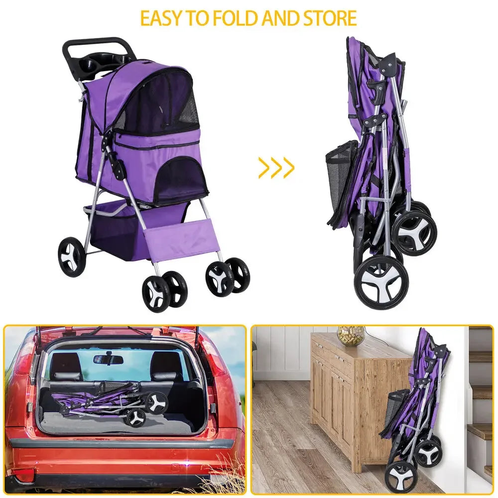 Pet Stroller for Dogs & Cats w/ 4 Wheels Pet Travel Carrier Dog Stroller Purple