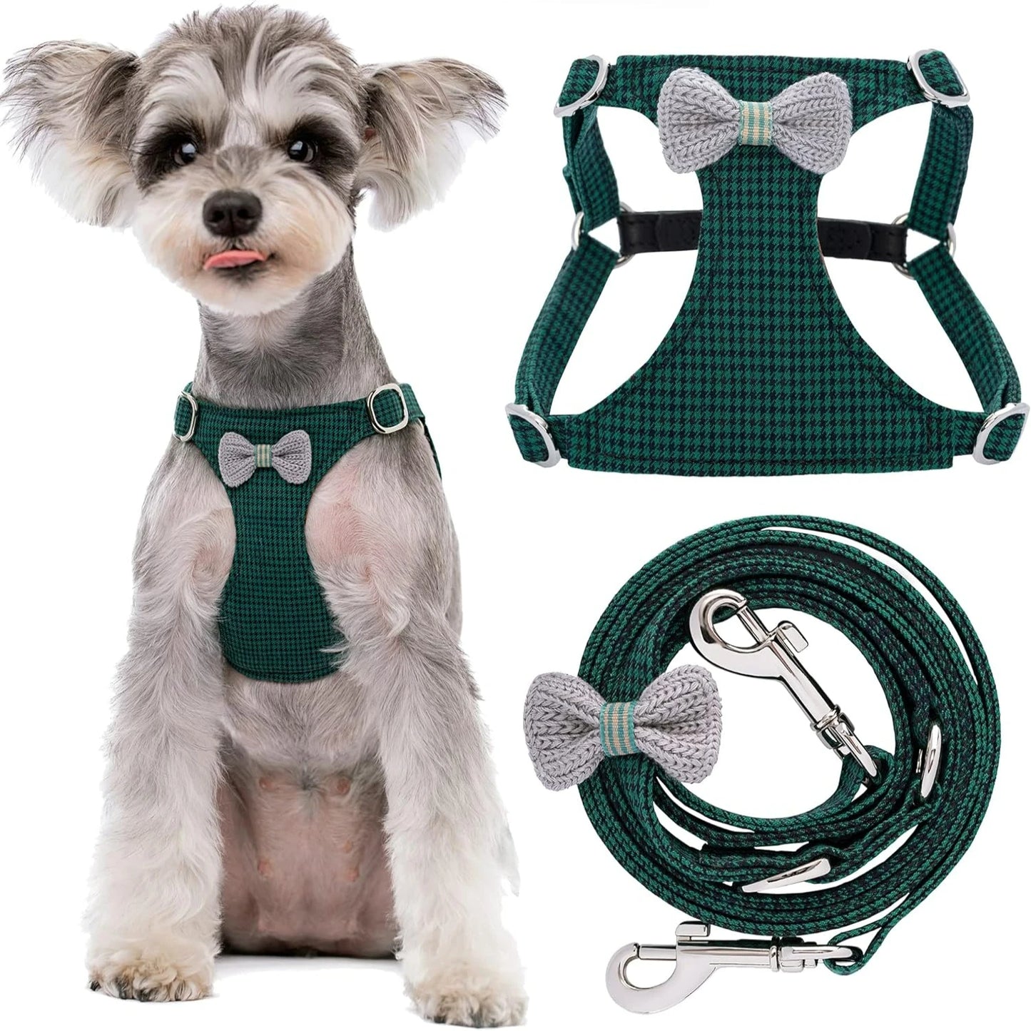 Comfortable Soft Lightweight Adjustable Yellow Small Dog Harness - Escape Proof with Suede Bow - Multi-functional Leash Included