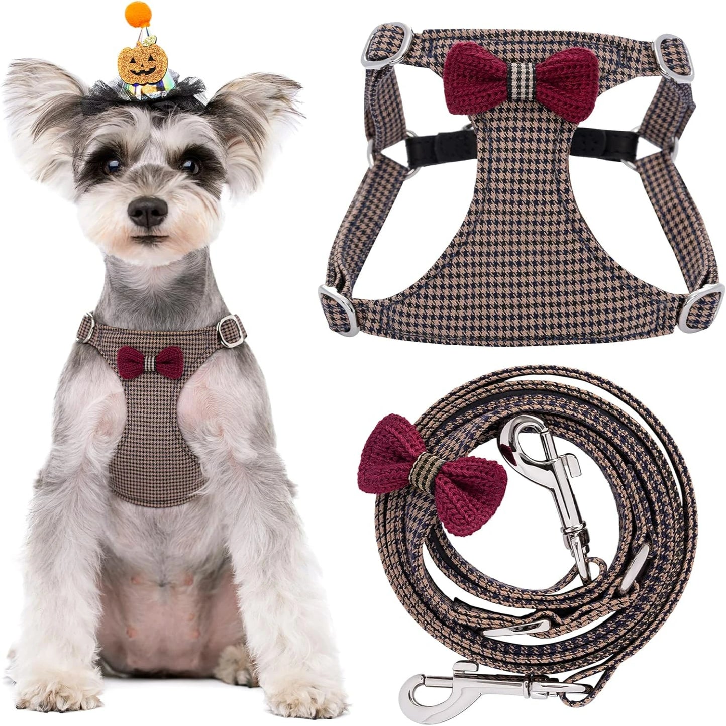 Comfortable Soft Lightweight Adjustable Yellow Small Dog Harness - Escape Proof with Suede Bow - Multi-functional Leash Included