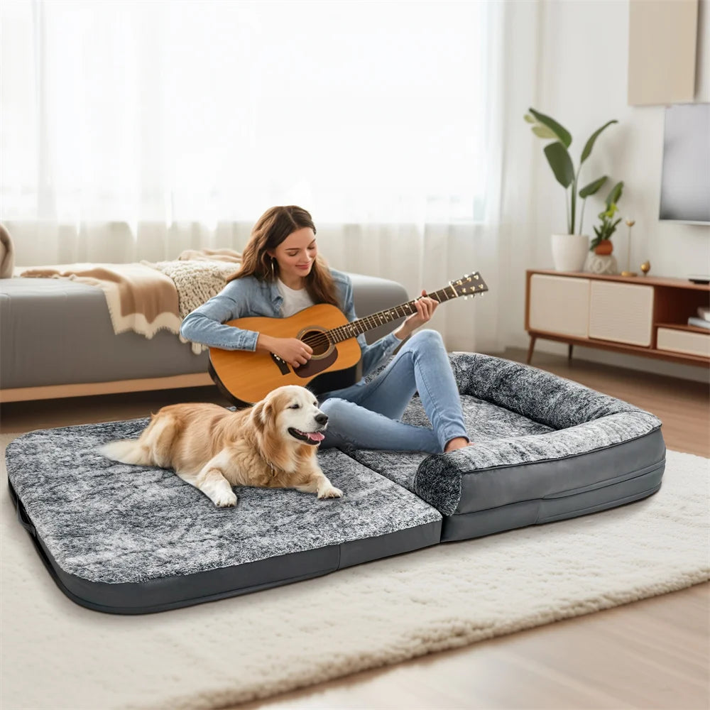 Foldable Human Dog Bed for Adult 2 in 1 Calming Large Dog Bed Washable Waterproof Dog Sofa Couch Bed Plush Cover Bolster Lounge