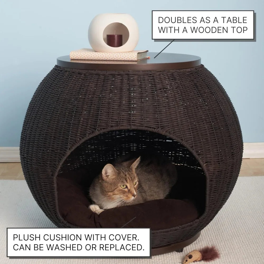 Igloo Indoor Dog Bed & Cat Bed in Smoke, Multipurpose Pet Bed with Table Top, Claw-Proof Faux Rattan is Easy to Clean, Includes