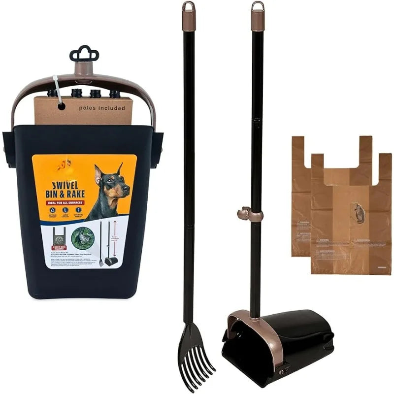 Pooper Scooper Swivel Bin & Rake Dog Poop Scooper, Black (2 Scented Waste Bags Included)