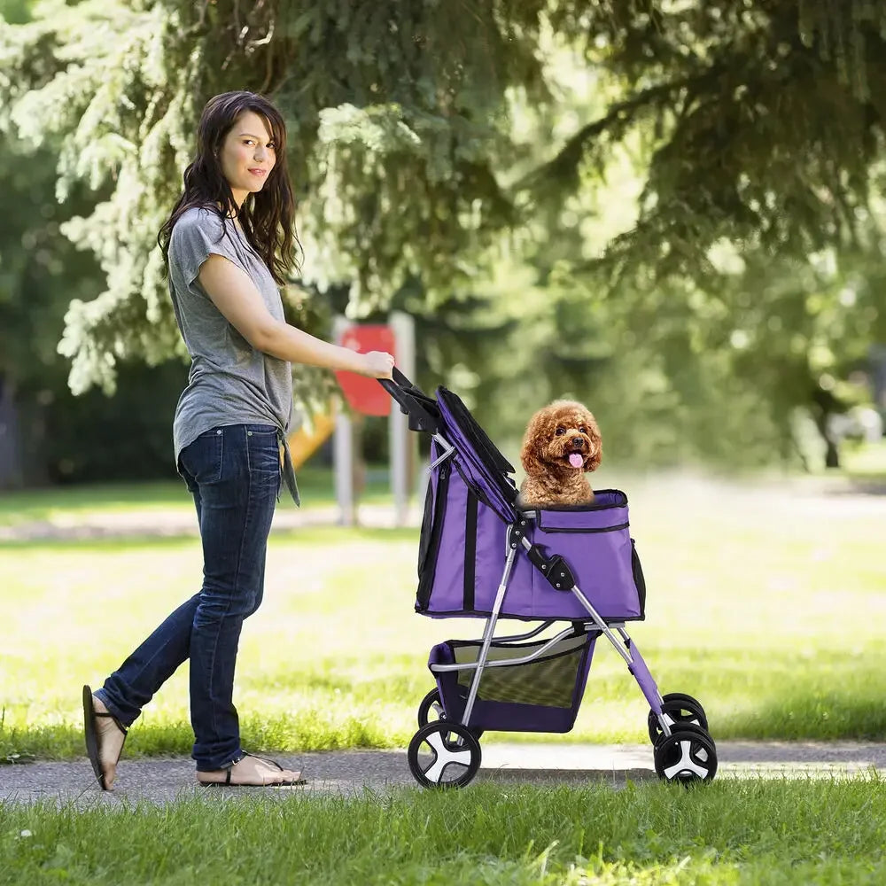 Pet Stroller for Dogs & Cats w/ 4 Wheels Pet Travel Carrier Dog Stroller Purple