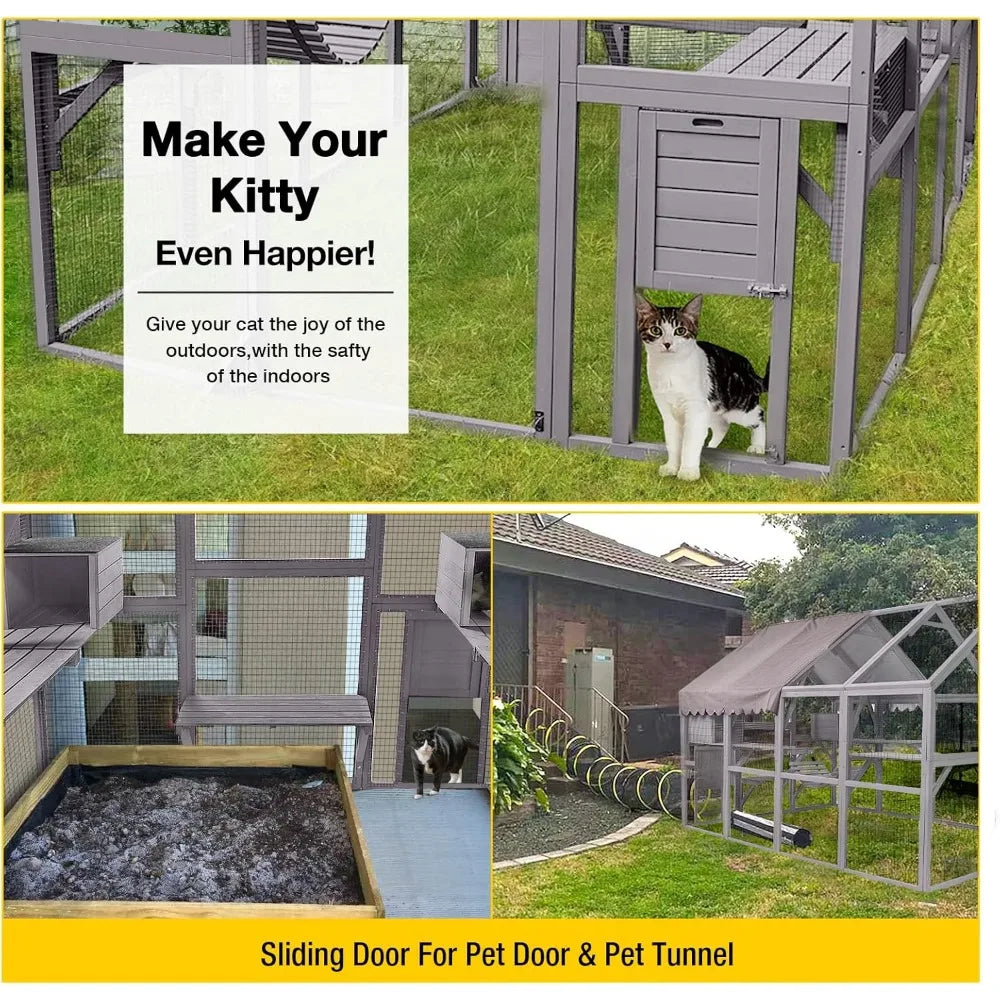 Cat Run Large Cat Enclosure Wooden Cat Catio Outdoor Kitty House with Bridges, Walks, Small Houses, Roof Cover 110 Inch