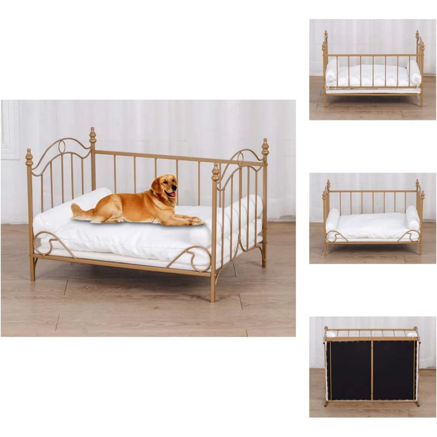 US Pet Bed, Dog Bed with Metal Frame and Detached White Velvet Cushion with 2 Pillow for Small Dog