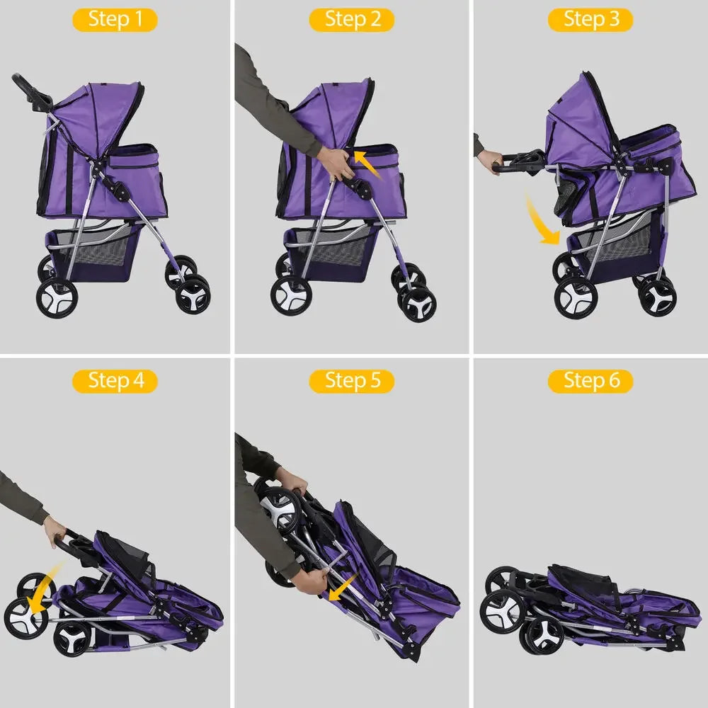 Pet Stroller for Dogs & Cats w/ 4 Wheels Pet Travel Carrier Dog Stroller Purple