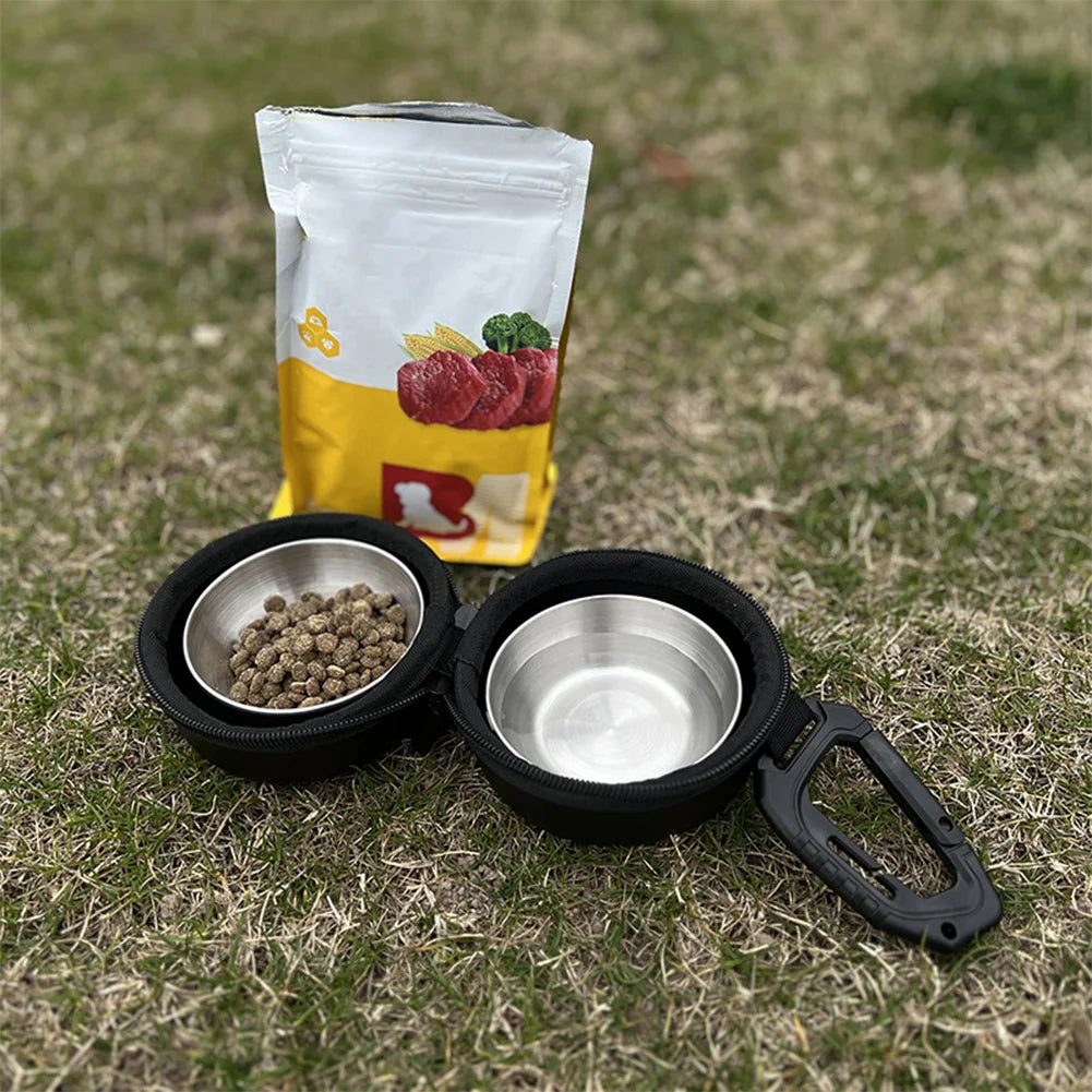 Foldable Portable Dog Double Bowl 2 In 1 Pet Feeder Drinking Dog Bowls Stainless Steel