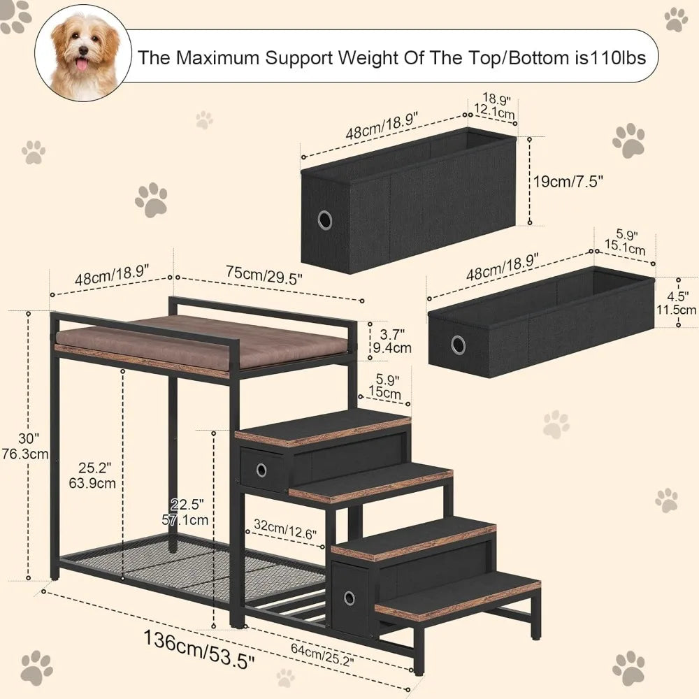 Pet Bunk Bed with Stairs and Storage, Dogs/Cats Window Perch, Bedside Lounge Elevated Dog Bed Multi-Level Platform with Foam Uph