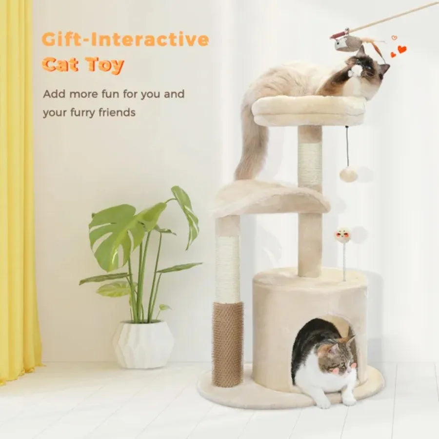 Small Cat Tree for Indoor Cats Medium Cat Tower with Interactive Cat Toy 32.7" Cat Condo with Self Groomer Brush Natural Cat Sc