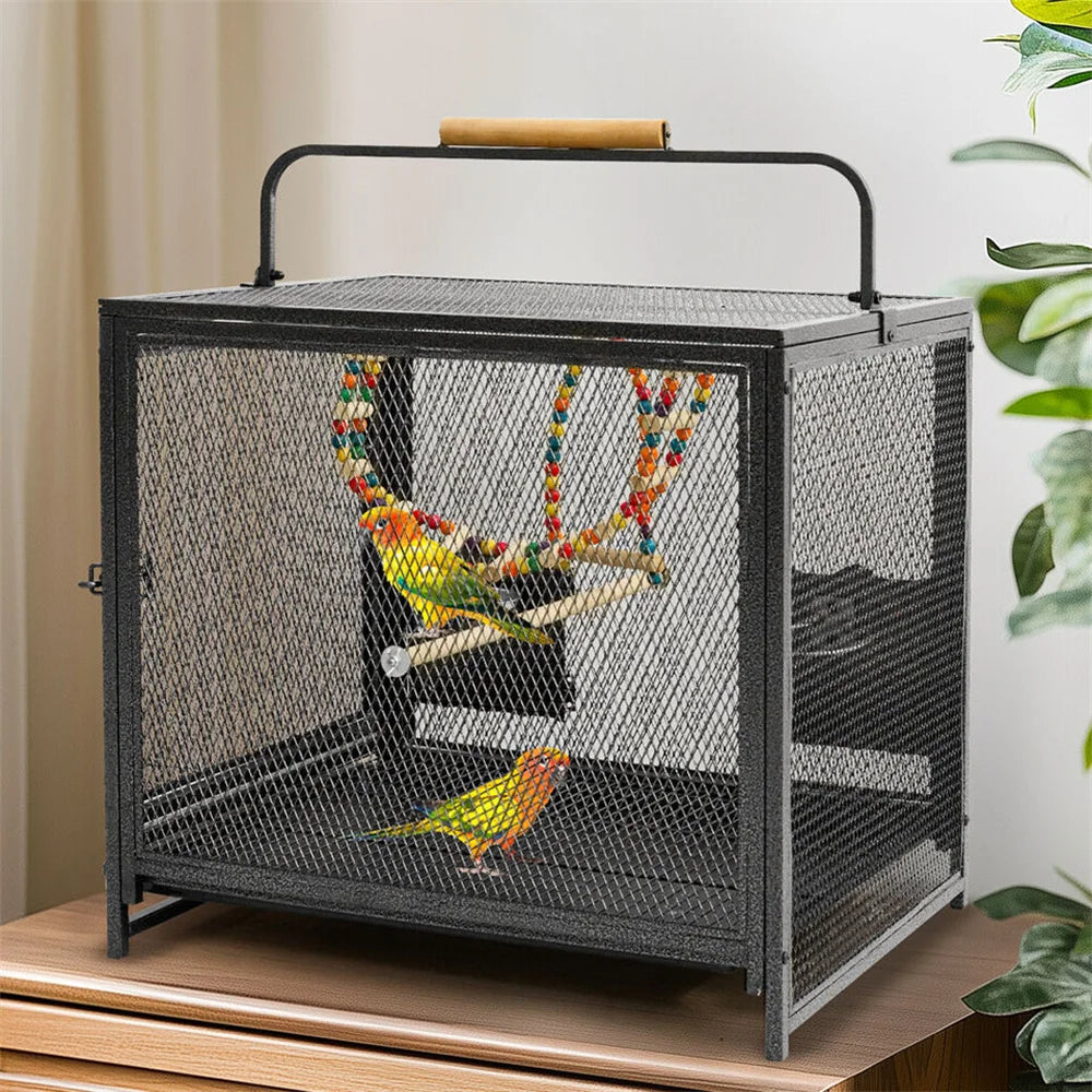 Heavy Duty Wrought Iron Bird Cage Travel Carrier Cage with Handle Wooden Perch for Parrots Canaries Budgies Lovebirds Cockatiels