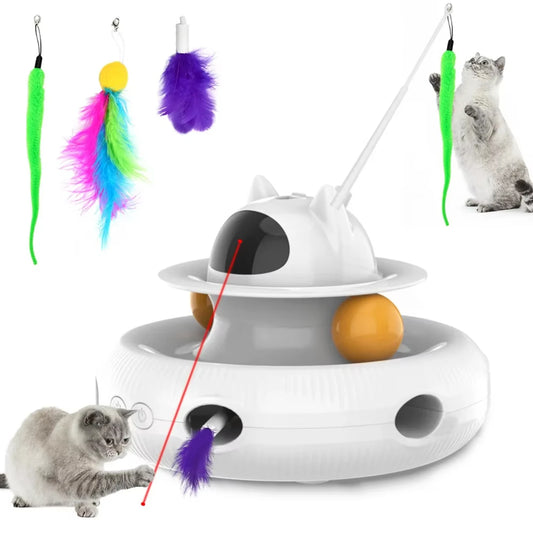 Moebypet Interactive 4-in-1 Cat Toy Rechargeable Feather Stick Laser Trackball Retractable Feather Popular Indoor Toys  Cats