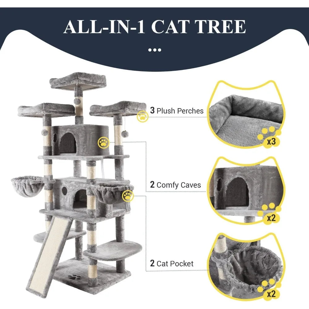 68-Inch Multi-Level Cat Tree House with Condo, Scratching Posts, and Towers for Large Cats