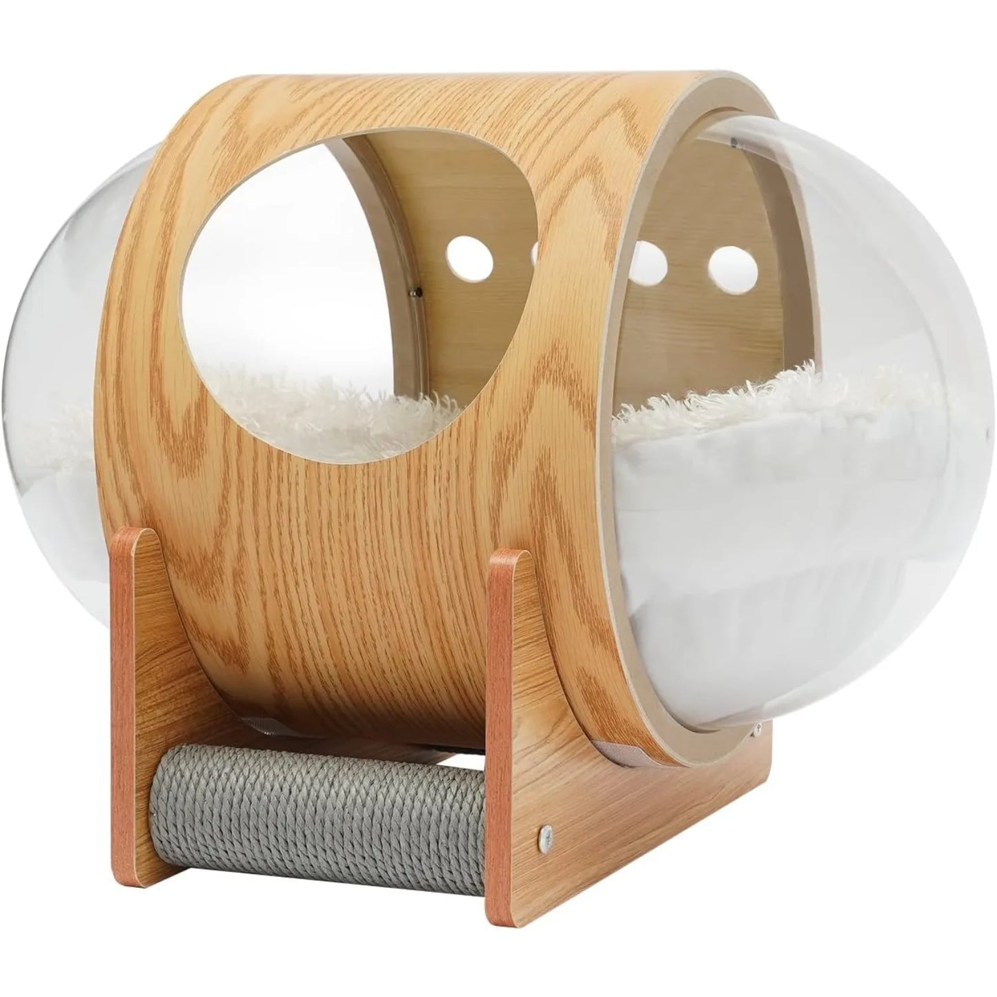 Wooden Cat Bed, Modern Spaceship Bed with Acrylic Dome, Large Transparent Capsule for Indoor Use, Covered Cat House with Cushion