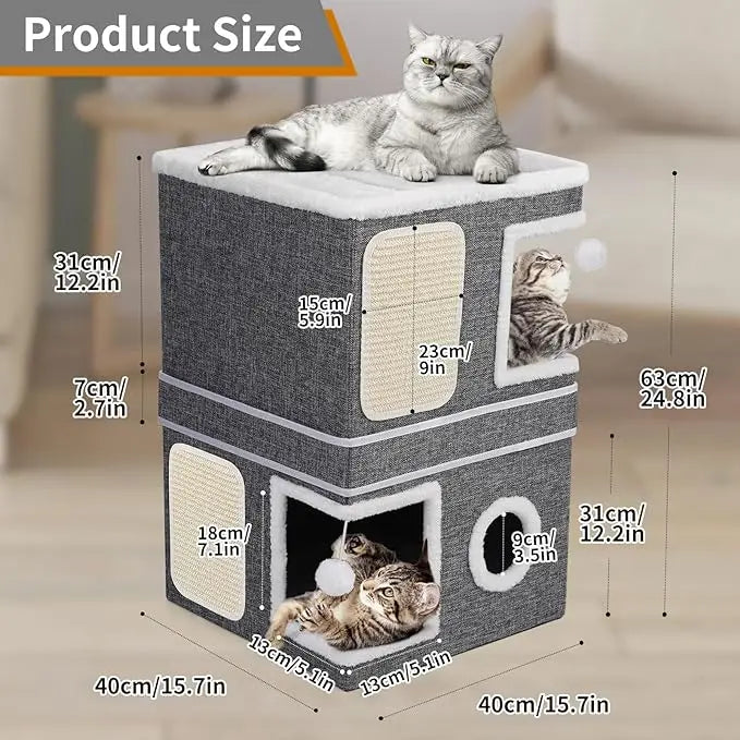 2-Storey Cat House for Indoor Cats, Separate Into 2 Large Cat Bed