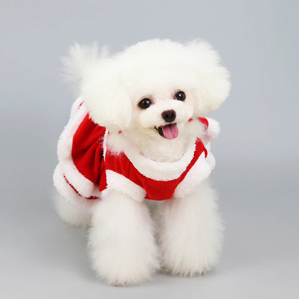 Christmas Dog Girls Costume Dress Puppy Warm Fleece Skirt Clothes Autumn Winter Pet Clothes Dog Red Skirt Fancy Dress Costume