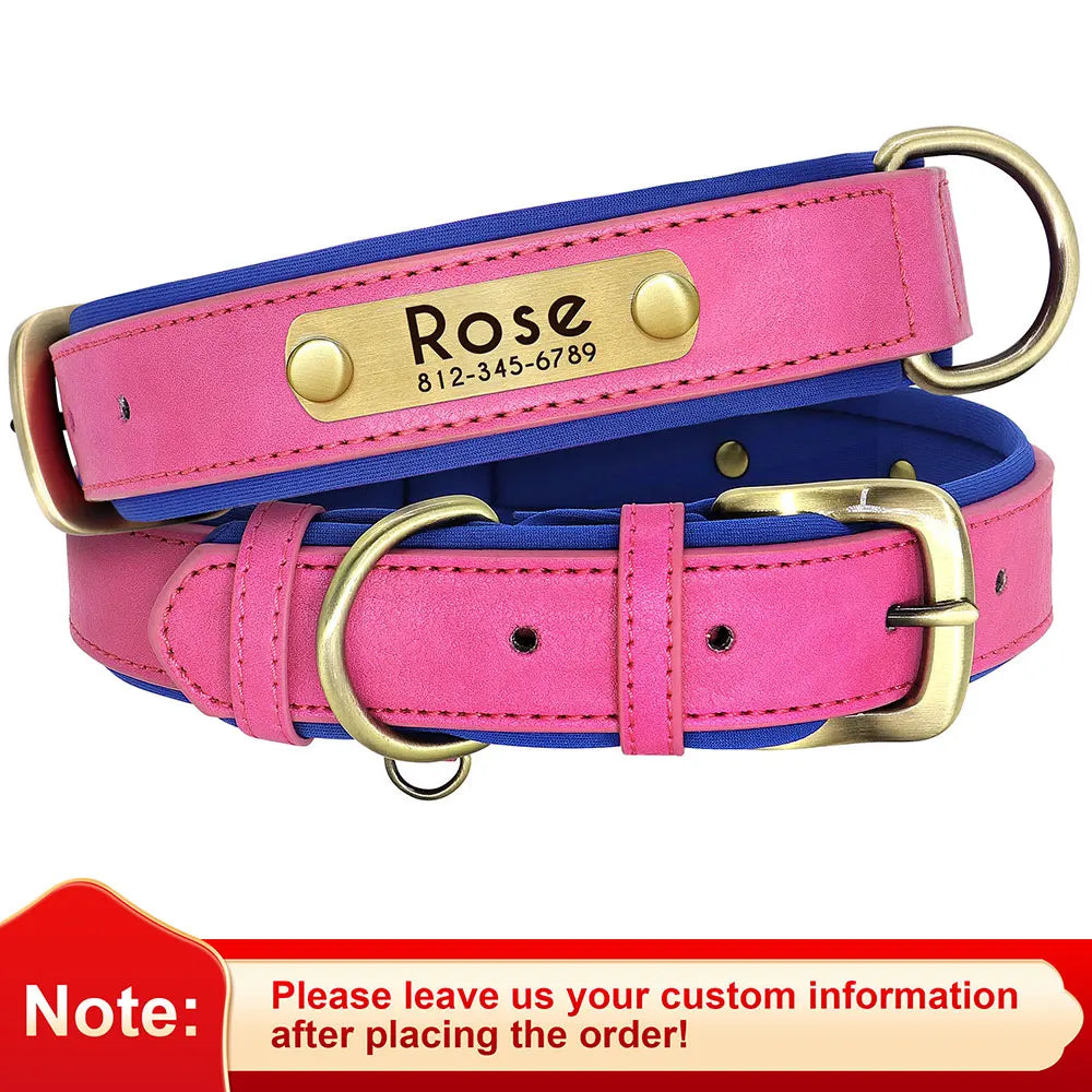 Customized Leather ID Nameplate Dog Collar Soft Padded Dogs Collars Free Engraving Name