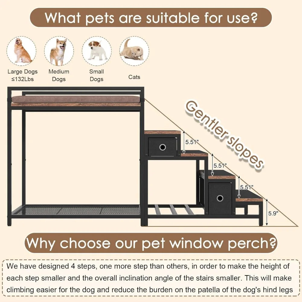 Pet Bunk Bed with Stairs and Storage, Dogs/Cats Window Perch, Bedside Lounge Elevated Dog Bed Multi-Level Platform with Foam Uph