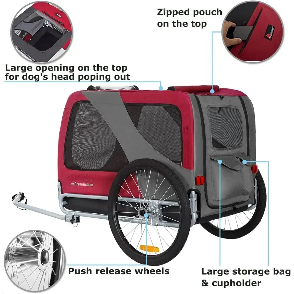 Premium XL Pet Bike Trailer  for Dogs，Up to 100 lbs,,Dog Bicycle Carrier， Low - Gravity & Easy - Fold Frame