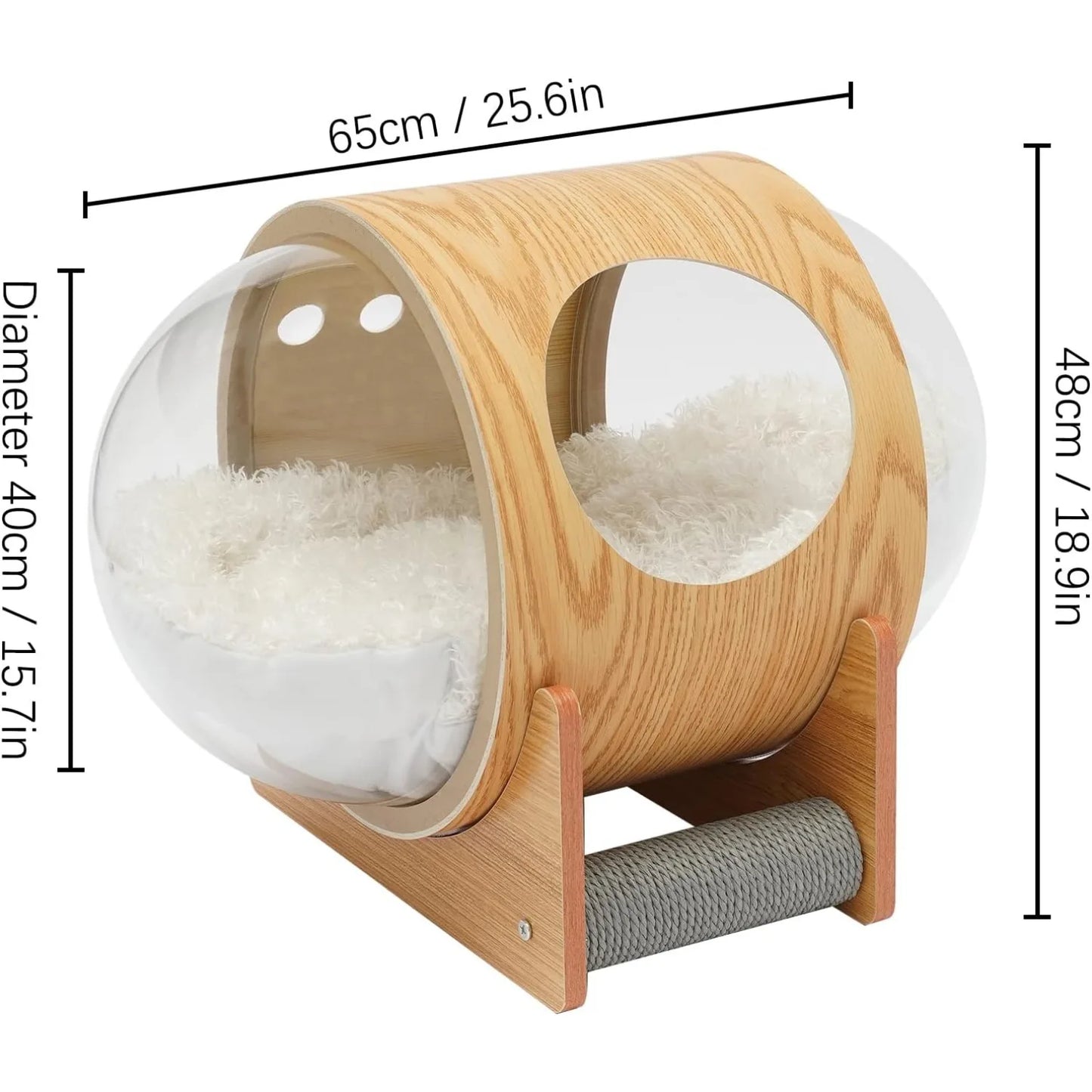 Wooden Cat Bed, Modern Spaceship Bed with Acrylic Dome, Large Transparent Capsule for Indoor Use, Covered Cat House with Cushion