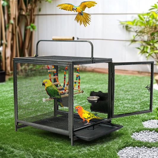 Heavy Duty Wrought Iron Bird Cage Travel Carrier Cage with Handle Wooden Perch for Parrots Canaries Budgies Lovebirds Cockatiels