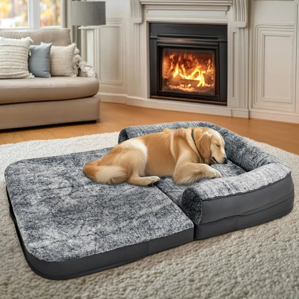 Foldable Human Dog Bed for Adult 2 in 1 Calming Large Dog Bed Washable Waterproof Dog Sofa Couch Bed Plush Cover Bolster Lounge