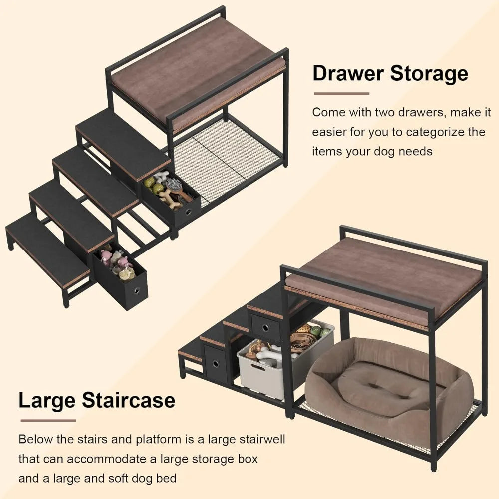 Pet Bunk Bed with Stairs and Storage, Dogs/Cats Window Perch, Bedside Lounge Elevated Dog Bed Multi-Level Platform with Foam Uph