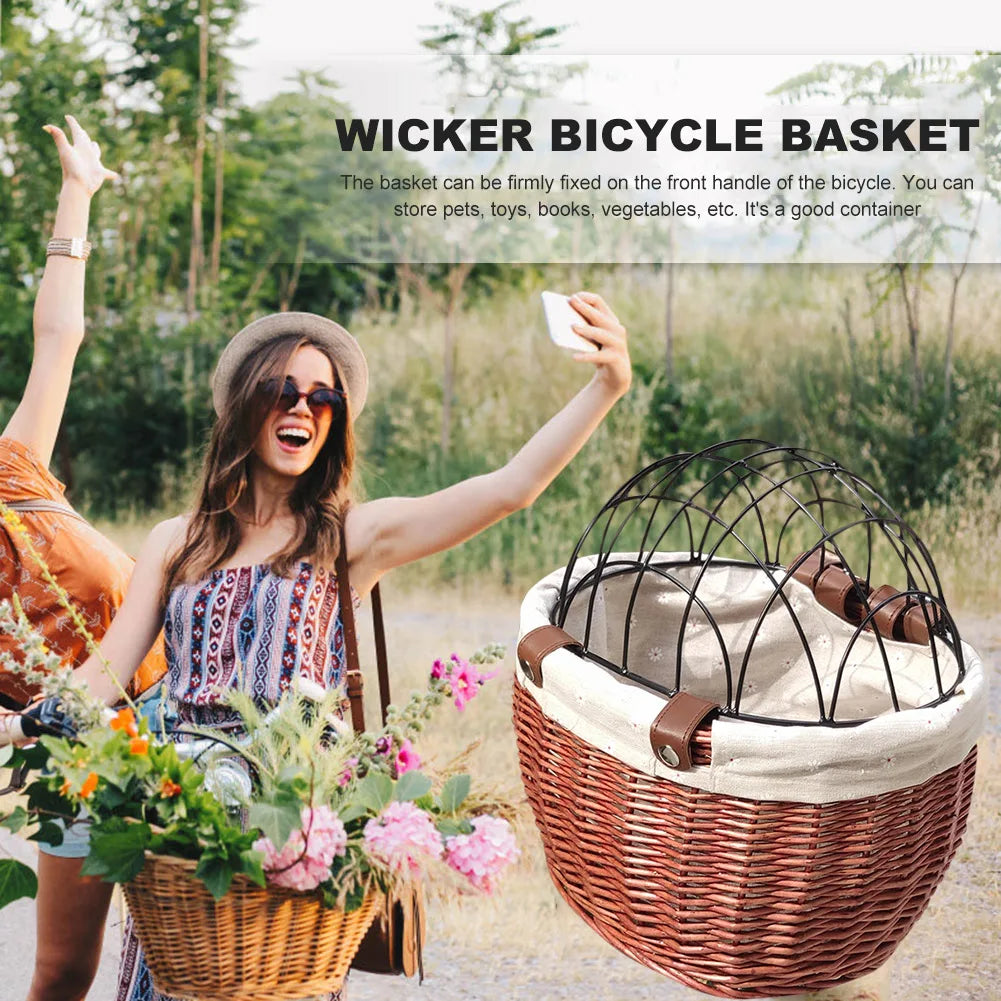 Pet Bicycle Basket Handwoven Wicker Bike Basket Waterproof Pet Carrier