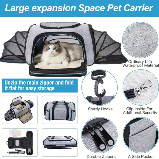 4-Way Expandable Pet Carrier, Airline Approved Foldable Cat Soft Side Carrier with Removable Fleece Pad for Cats, Puppies, Small