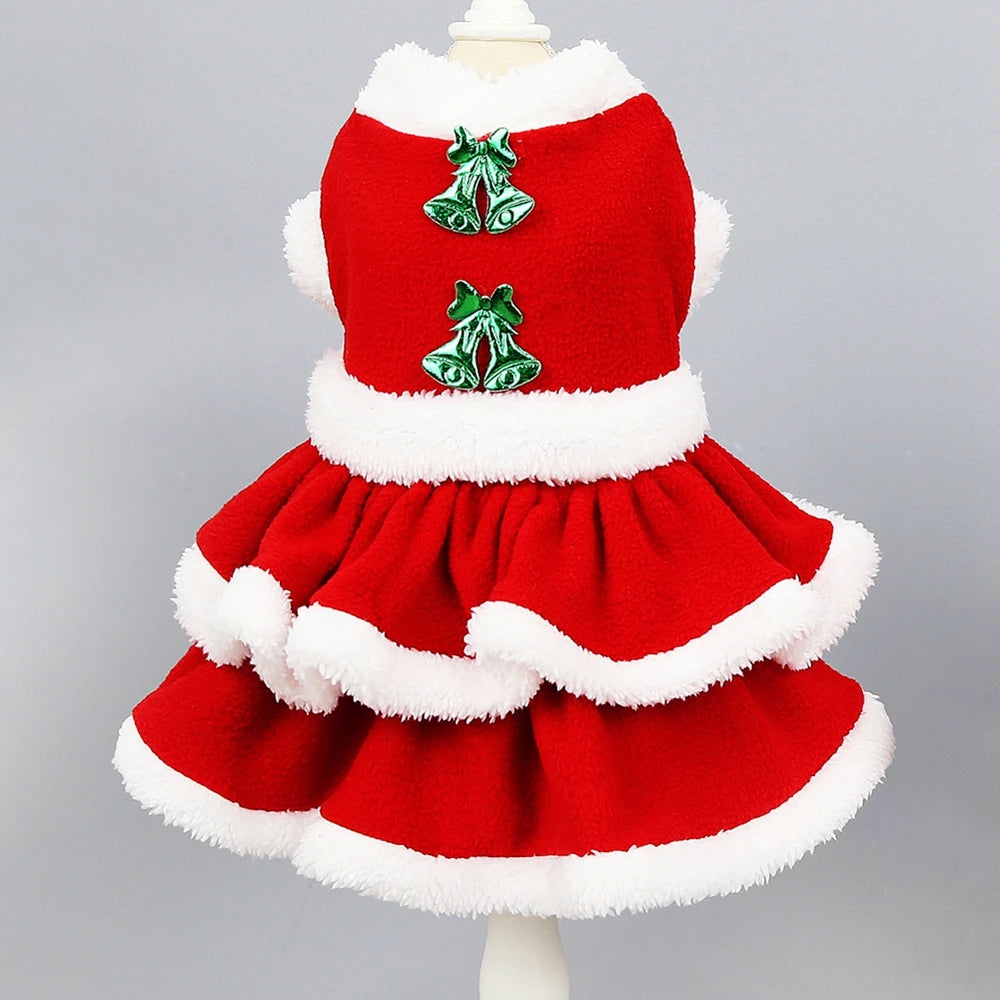 Christmas Dog Girls Costume Dress Puppy Warm Fleece Skirt Clothes Autumn Winter Pet Clothes Dog Red Skirt Fancy Dress Costume