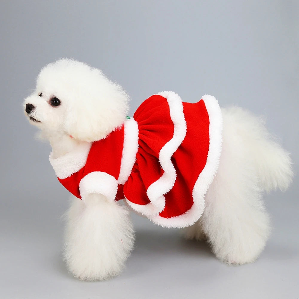 Christmas Dog Girls Costume Dress Puppy Warm Fleece Skirt Clothes Autumn Winter Pet Clothes Dog Red Skirt Fancy Dress Costume