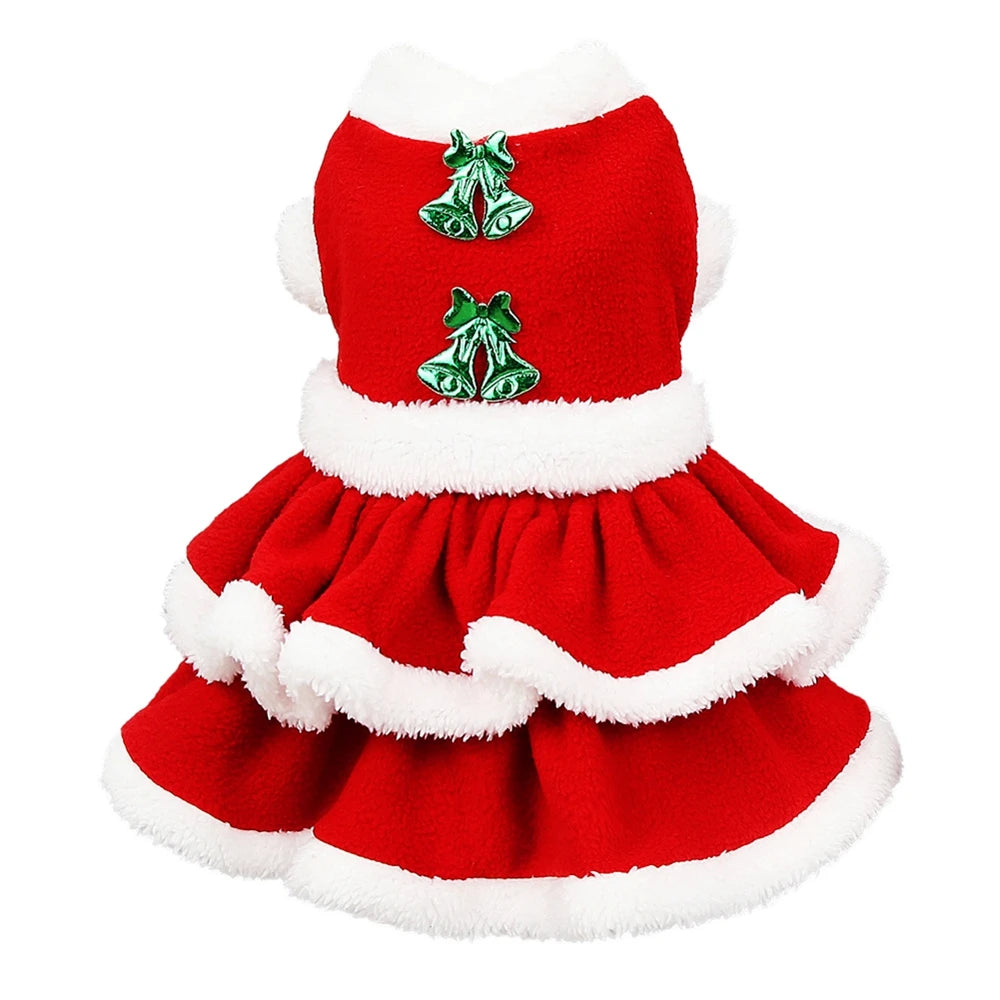 Christmas Dog Girls Costume Dress Puppy Warm Fleece Skirt Clothes Autumn Winter Pet Clothes Dog Red Skirt Fancy Dress Costume